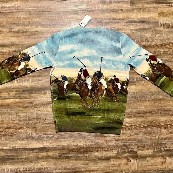 Polo Ralph Lauren Equestrian Graphic Print Polo Match 100% Cashmere Sweater Rare - Picture 7 of 8